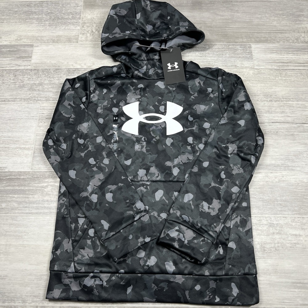 Under Armour Boys Youth Size Medium Fleece Big Logo Printed Gray Camo Hoodie NWT